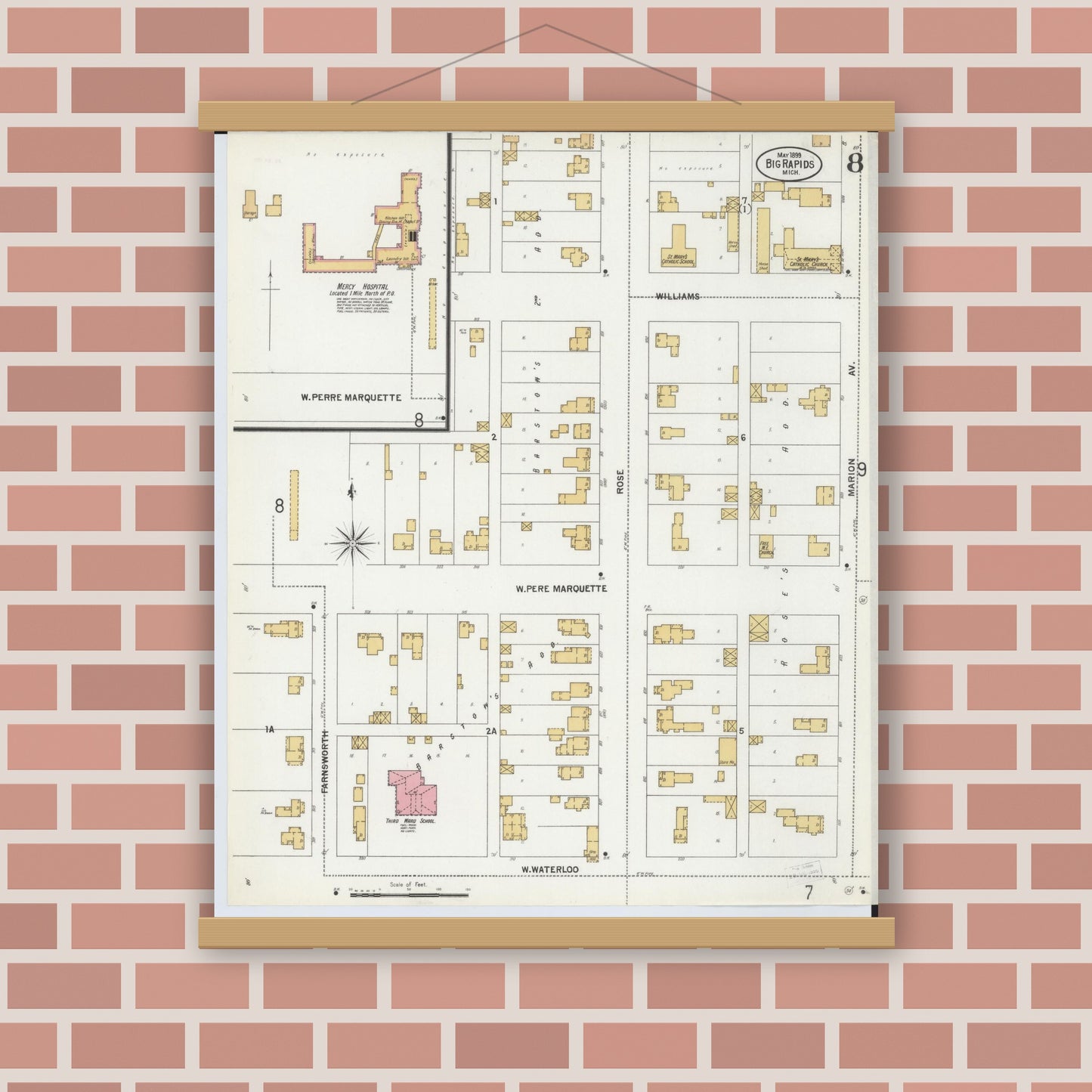 Old map wall art mockup — magnetic wood frame on brick wall — Sanborn Fire Insurance Map from Big Rapids, Mecosta County, Michigan (1899), Sheet #0008