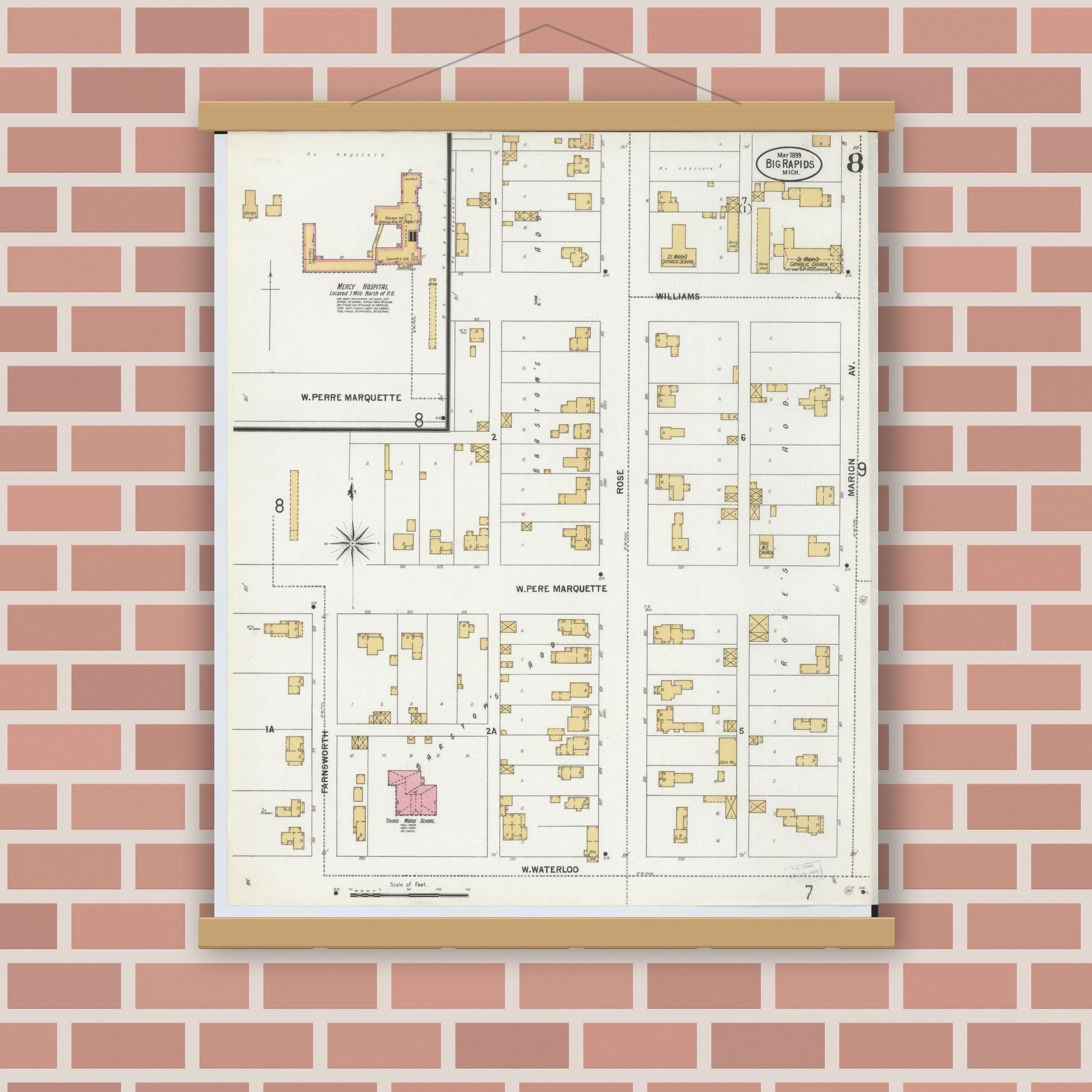 Old map wall art mockup — magnetic wood frame on brick wall — Sanborn Fire Insurance Map from Big Rapids, Mecosta County, Michigan (1899), Sheet #0008
