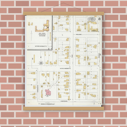 Old map wall art mockup — magnetic wood frame on brick wall — Sanborn Fire Insurance Map from Big Rapids, Mecosta County, Michigan (1899), Sheet #0008