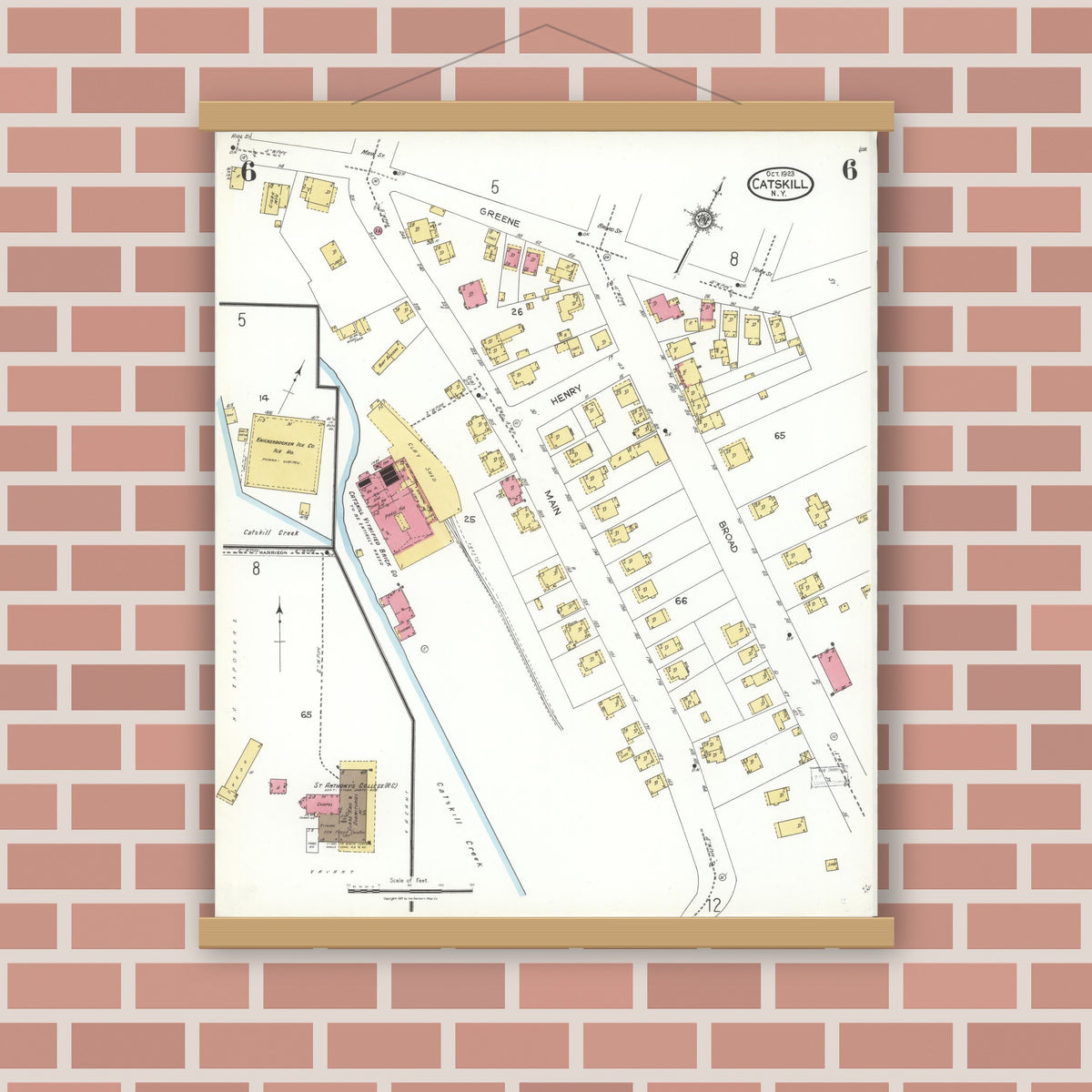 Old map wall art mockup — magnetic wood frame on brick wall — Sanborn Fire Insurance Map from Catskill, Greene County, New York (1923), Sheet #0006