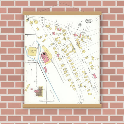 Old map wall art mockup — magnetic wood frame on brick wall — Sanborn Fire Insurance Map from Catskill, Greene County, New York (1923), Sheet #0006