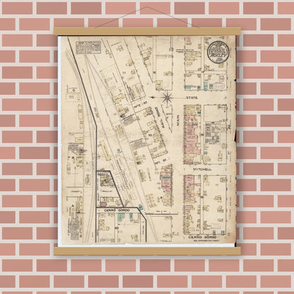 Old map wall art mockup — magnetic wood frame on brick wall — Sanborn Fire Insurance Map from Ackley, Hardin and Franklin Counties, Iowa (1883), Sheet #0001