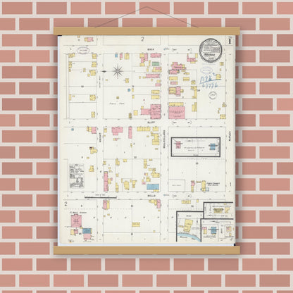 Old map wall art mockup — magnetic wood frame on brick wall — Sanborn Fire Insurance Map from Nauvoo, Hancock County, Illinois (1898), Sheet #0001