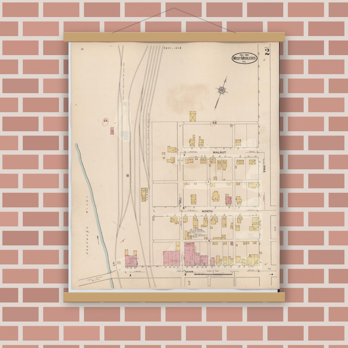 Old map wall art mockup — magnetic wood frame on brick wall — Sanborn Fire Insurance Map from West Middlesex, Mercer County, Pennsylvania (1937), Sheet #0002