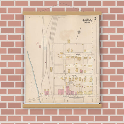 Old map wall art mockup — magnetic wood frame on brick wall — Sanborn Fire Insurance Map from West Middlesex, Mercer County, Pennsylvania (1937), Sheet #0002