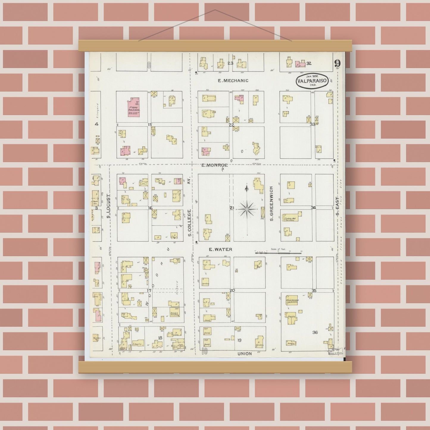 Old map wall art mockup — magnetic wood frame on brick wall — Sanborn Fire Insurance Map from Valparaiso, Porter County, Indiana (1892), Sheet #0009