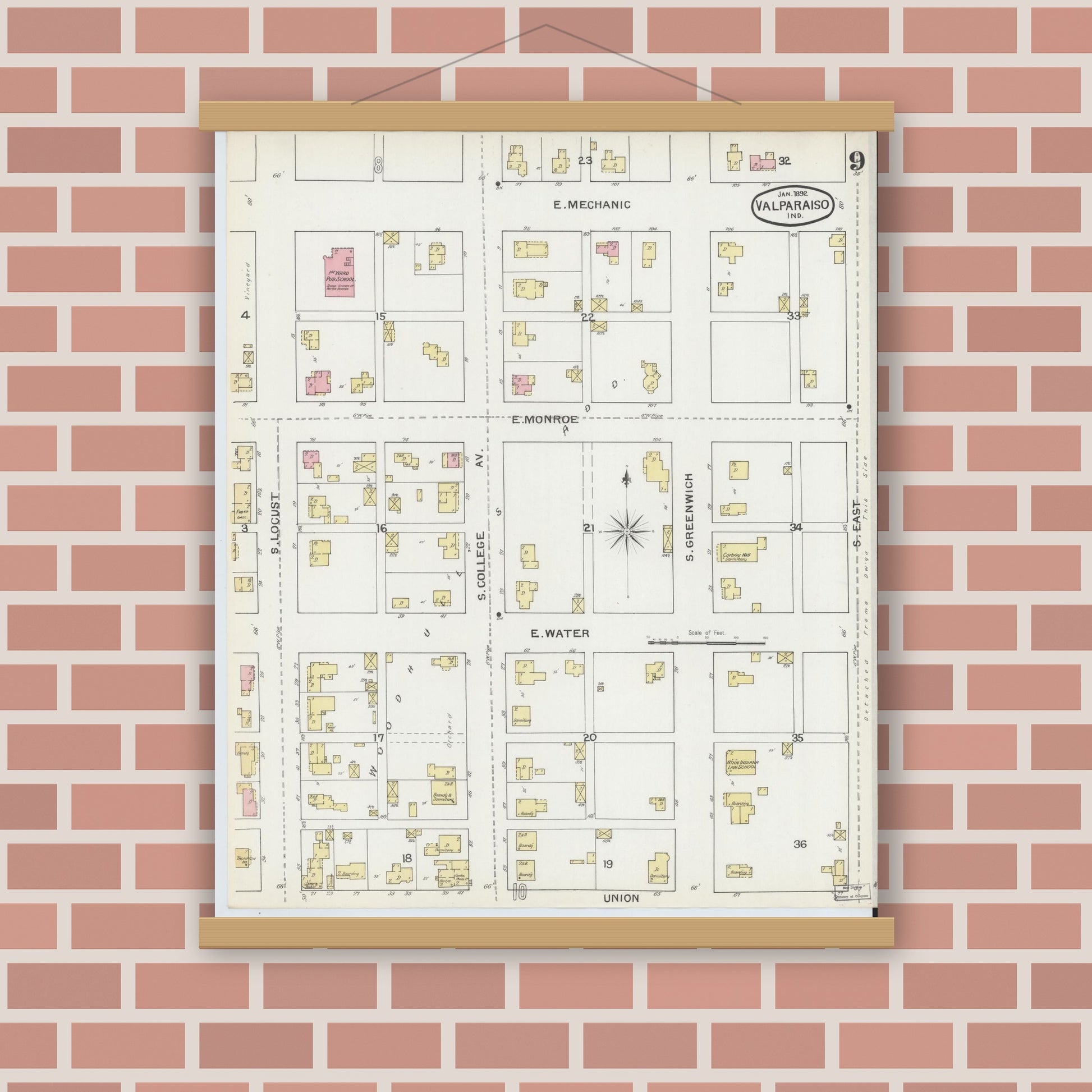 Old map wall art mockup — magnetic wood frame on brick wall — Sanborn Fire Insurance Map from Valparaiso, Porter County, Indiana (1892), Sheet #0009