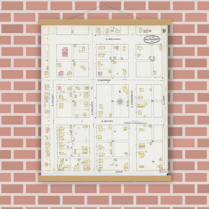 Old map wall art mockup — magnetic wood frame on brick wall — Sanborn Fire Insurance Map from Valparaiso, Porter County, Indiana (1892), Sheet #0009
