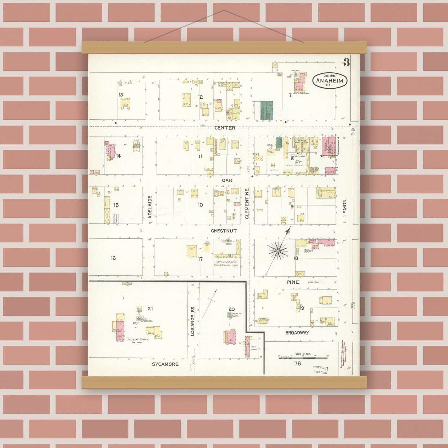 Old map wall art mockup — magnetic wood frame on brick wall — Sanborn Fire Insurance Map from Anaheim, Orange County, California (1894), Sheet #0003