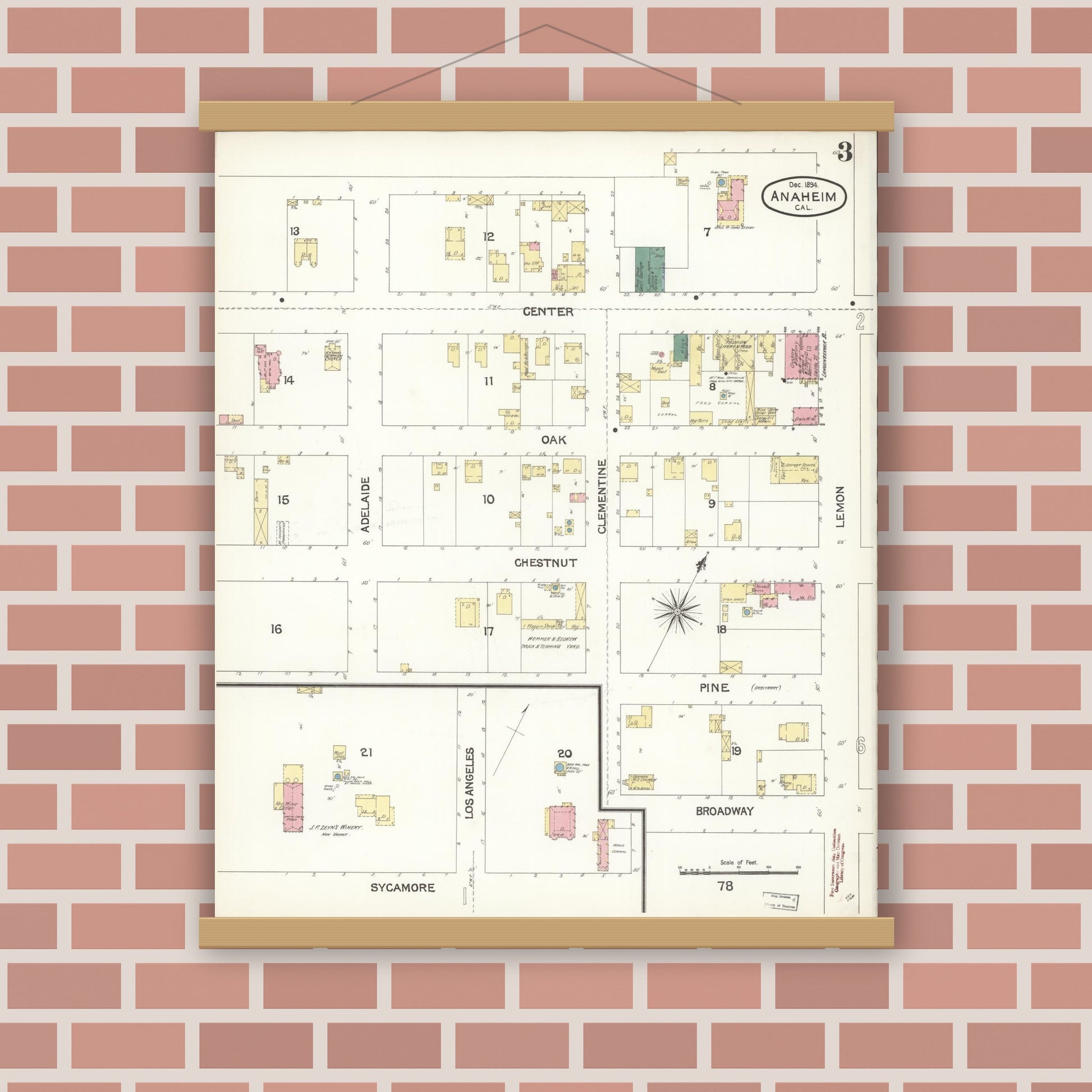 Old map wall art mockup — magnetic wood frame on brick wall — Sanborn Fire Insurance Map from Anaheim, Orange County, California (1894), Sheet #0003