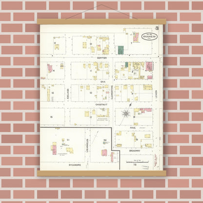 Old map wall art mockup — magnetic wood frame on brick wall — Sanborn Fire Insurance Map from Anaheim, Orange County, California (1894), Sheet #0003