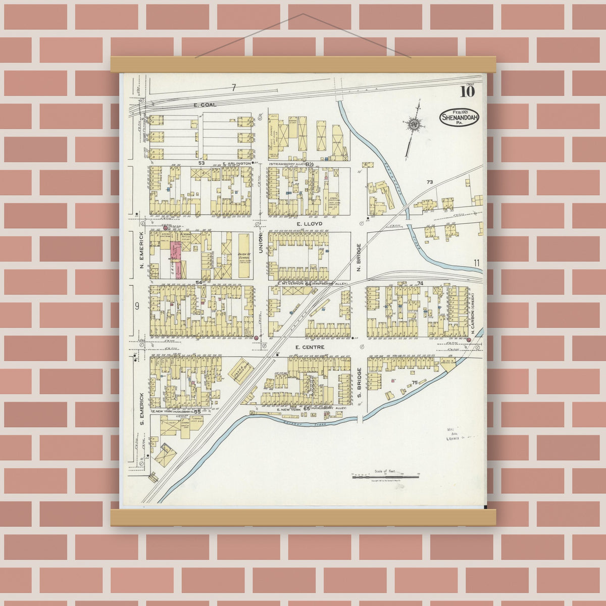 Old map wall art mockup — magnetic wood frame on brick wall — Sanborn Fire Insurance Map from Shenandoah, Schuylkill County, Pennsylvania (1921), Sheet #0010