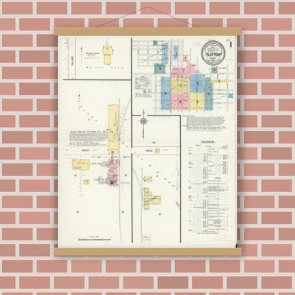 Old map wall art mockup — magnetic wood frame on brick wall — Sanborn Fire Insurance Map from Pilot Point, Denton County, Texas (1912) - Complete Map Set