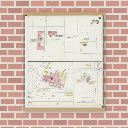 Old map wall art mockup — magnetic wood frame on brick wall — Sanborn Fire Insurance Map from Adrian, Lenawee County, Michigan (1893), Sheet #0012