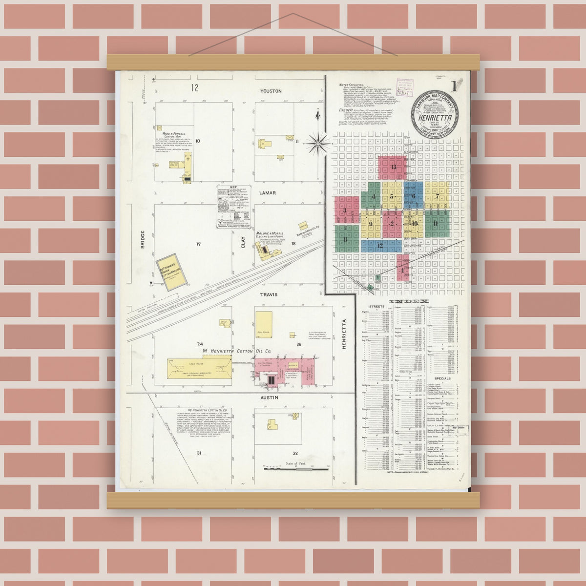 Old map wall art mockup — magnetic wood frame on brick wall — Sanborn Fire Insurance Map from Henrietta, Clay County, Texas (1907) - Complete Map Set