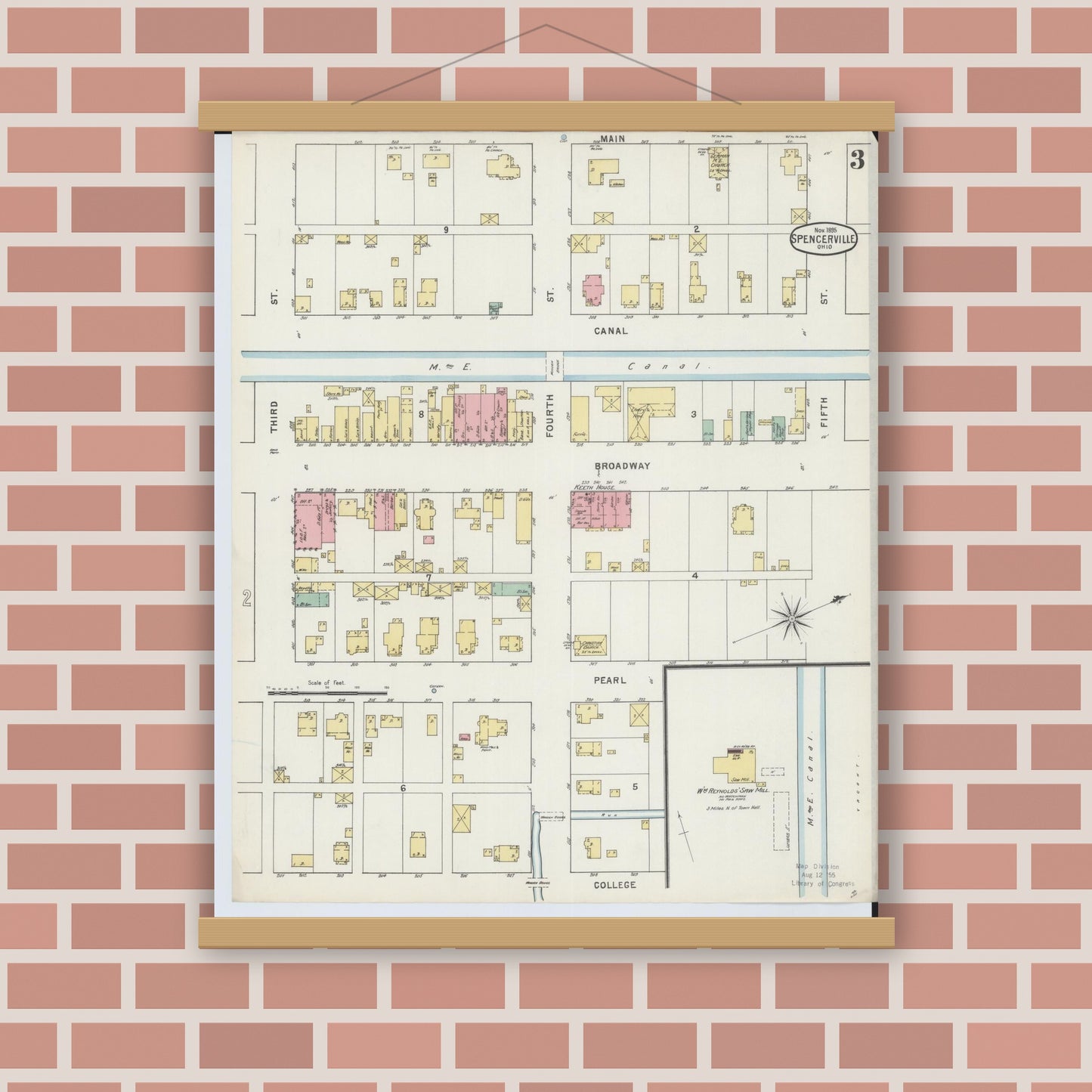 Old map wall art mockup — magnetic wood frame on brick wall — Sanborn Fire Insurance Map from Spencerville, Allen County, Ohio (1895), Sheet #0003