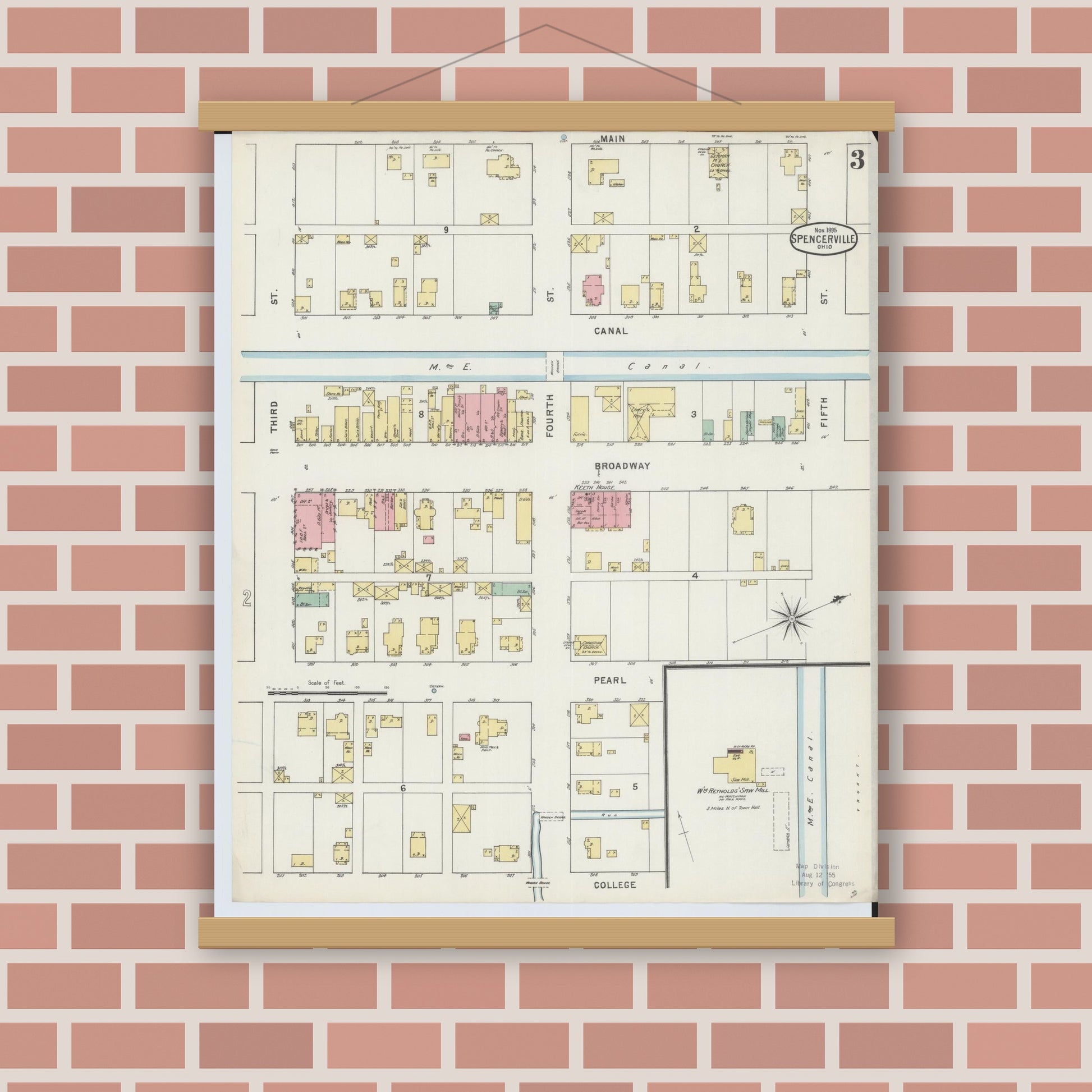 Old map wall art mockup — magnetic wood frame on brick wall — Sanborn Fire Insurance Map from Spencerville, Allen County, Ohio (1895), Sheet #0003