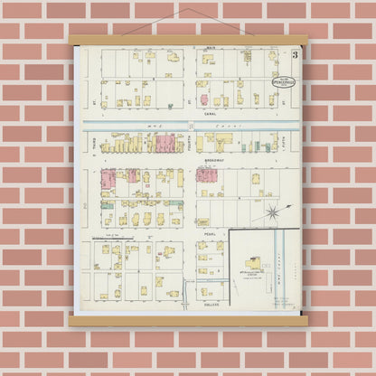 Old map wall art mockup — magnetic wood frame on brick wall — Sanborn Fire Insurance Map from Spencerville, Allen County, Ohio (1895), Sheet #0003