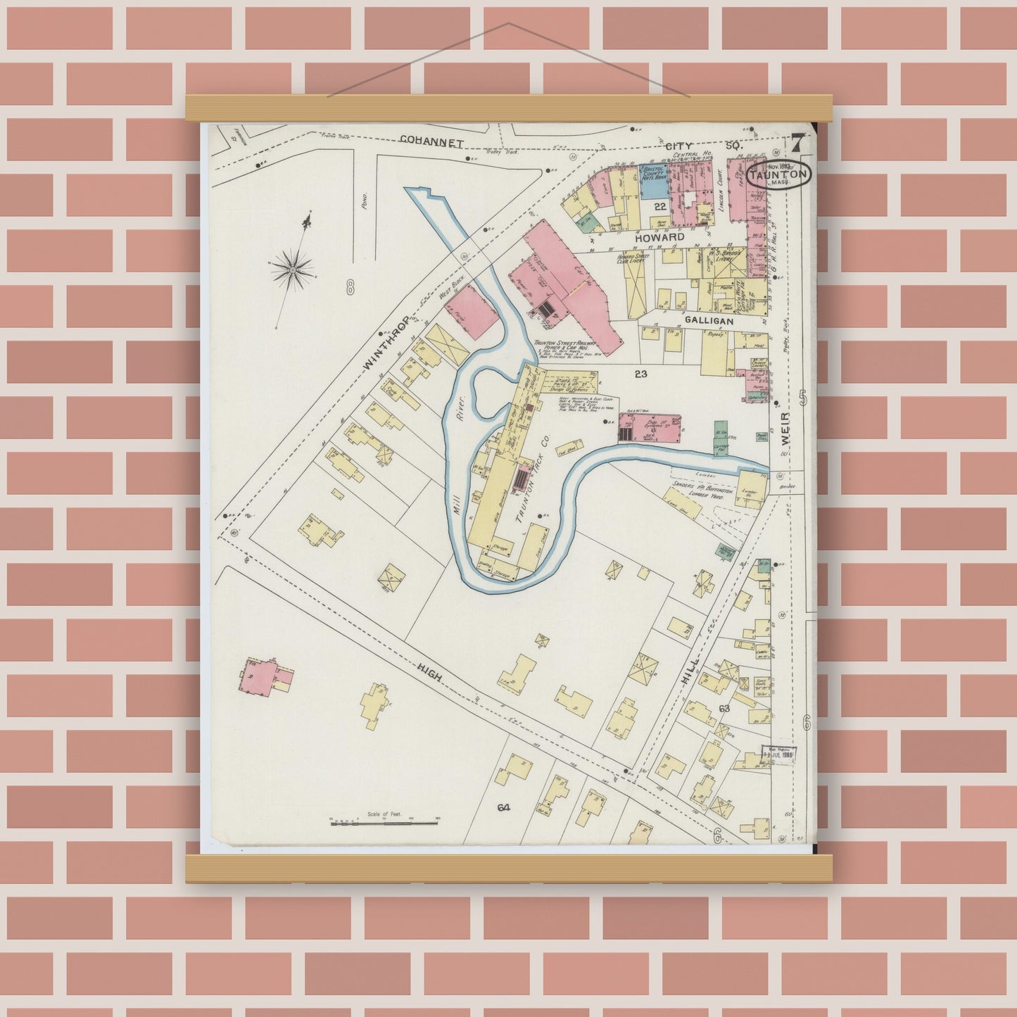 Old map wall art mockup — magnetic wood frame on brick wall — Sanborn Fire Insurance Map from Taunton, Bristol County, Massachusetts (1893), Sheet #0007