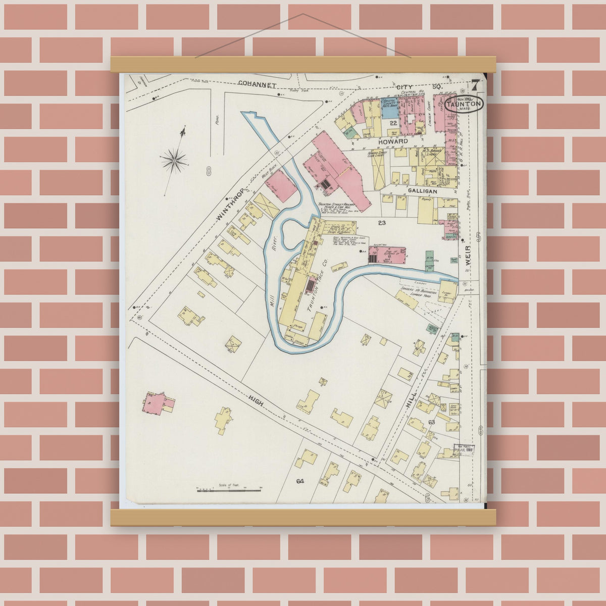 Old map wall art mockup — magnetic wood frame on brick wall — Sanborn Fire Insurance Map from Taunton, Bristol County, Massachusetts (1893), Sheet #0007