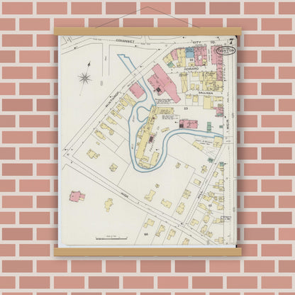Old map wall art mockup — magnetic wood frame on brick wall — Sanborn Fire Insurance Map from Taunton, Bristol County, Massachusetts (1893), Sheet #0007