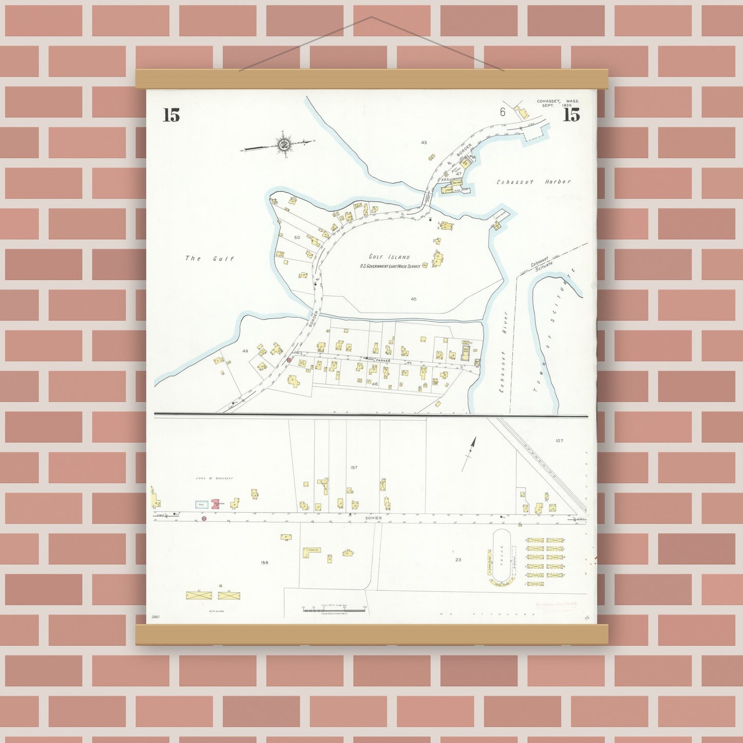 Old map wall art mockup — magnetic wood frame on brick wall — Sanborn Fire Insurance Map from Cohasset, Norfolk County, Massachusetts (1935), Sheet #0015