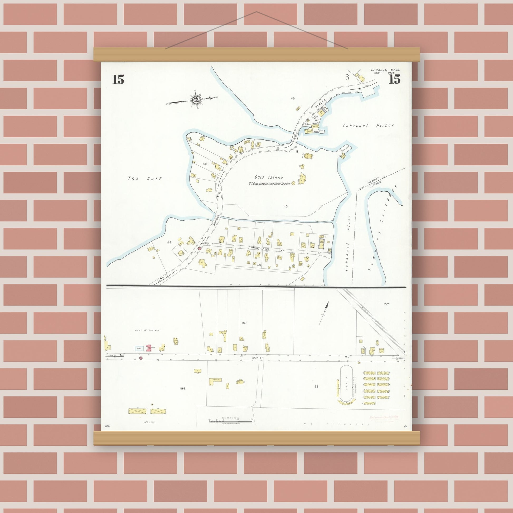 Old map wall art mockup — magnetic wood frame on brick wall — Sanborn Fire Insurance Map from Cohasset, Norfolk County, Massachusetts (1935), Sheet #0015