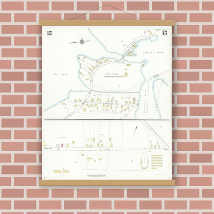 Old map wall art mockup — magnetic wood frame on brick wall — Sanborn Fire Insurance Map from Cohasset, Norfolk County, Massachusetts (1935), Sheet #0015
