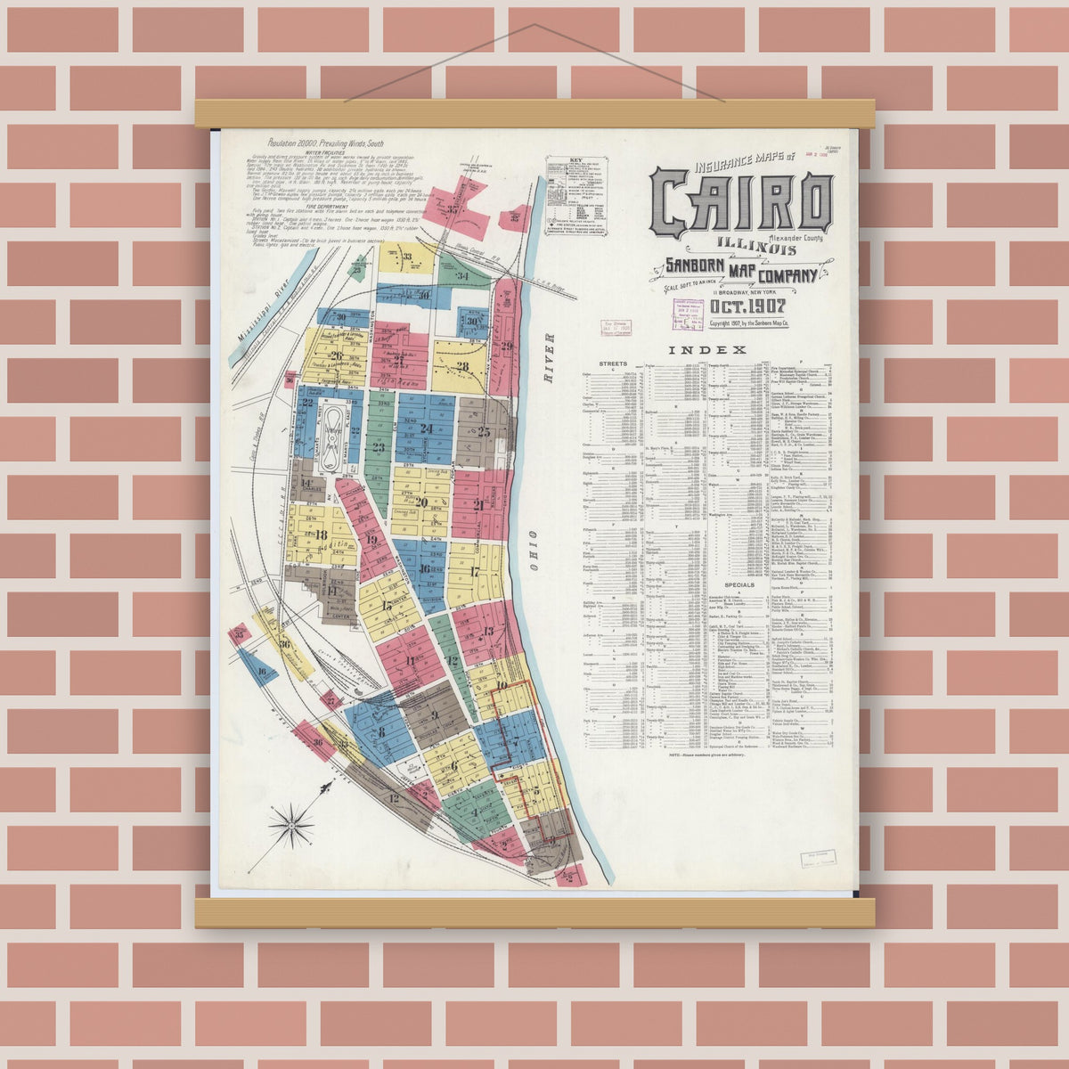 Old map wall art mockup — magnetic wood frame on brick wall — Sanborn Fire Insurance Map from Cairo, Alexander County, Illinois (1907), Sheet #0001