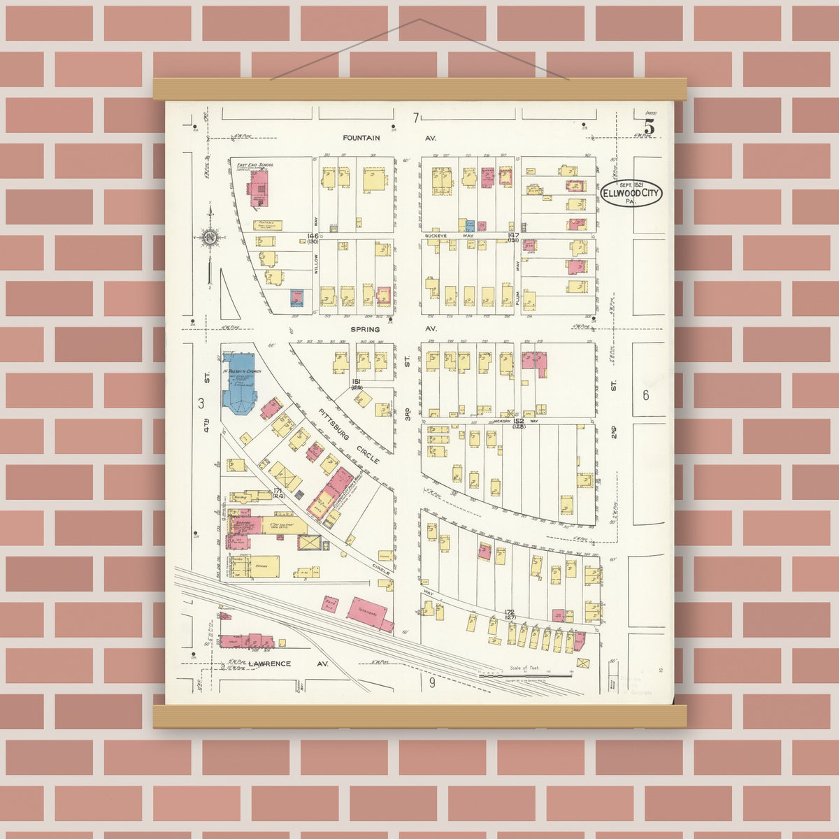Old map wall art mockup — magnetic wood frame on brick wall — Sanborn Fire Insurance Map from Ellwood City, Lawrence County, Pennsylvania (1921), Sheet #0005