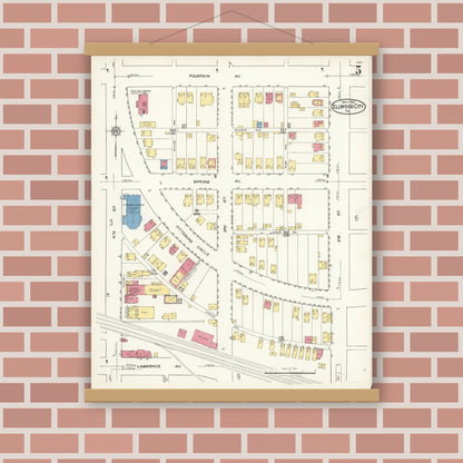 Old map wall art mockup — magnetic wood frame on brick wall — Sanborn Fire Insurance Map from Ellwood City, Lawrence County, Pennsylvania (1921), Sheet #0005