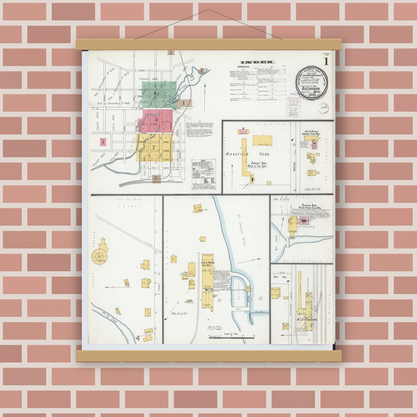 Old map wall art mockup — magnetic wood frame on brick wall — Sanborn Fire Insurance Map from Buchanan, Berrien County, Michigan (1900), Sheet #0001