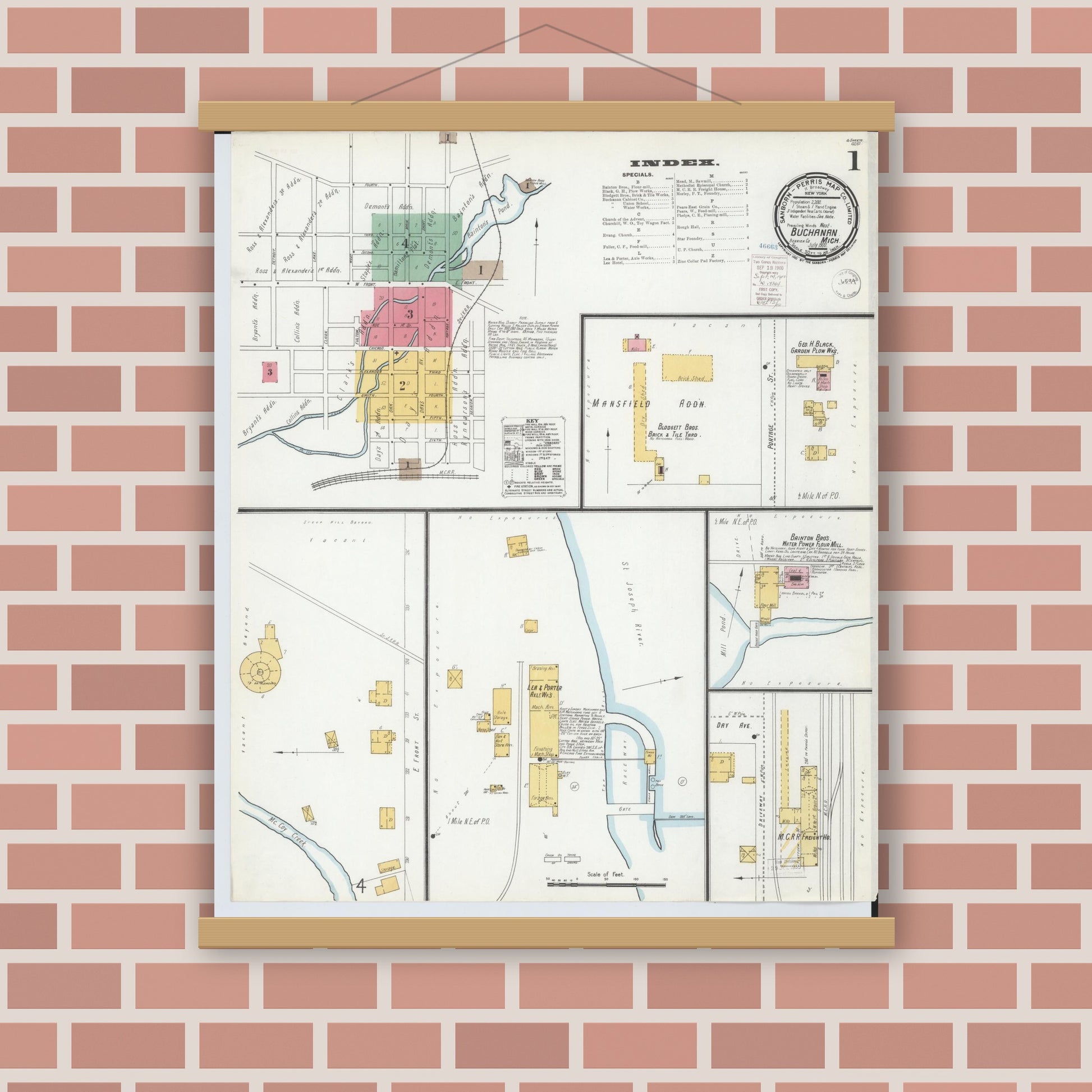 Old map wall art mockup — magnetic wood frame on brick wall — Sanborn Fire Insurance Map from Buchanan, Berrien County, Michigan (1900), Sheet #0001