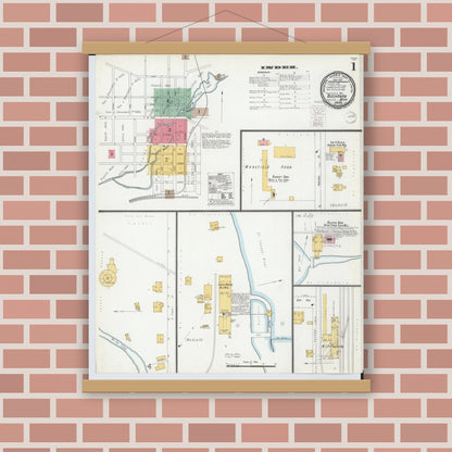 Old map wall art mockup — magnetic wood frame on brick wall — Sanborn Fire Insurance Map from Buchanan, Berrien County, Michigan (1900), Sheet #0001