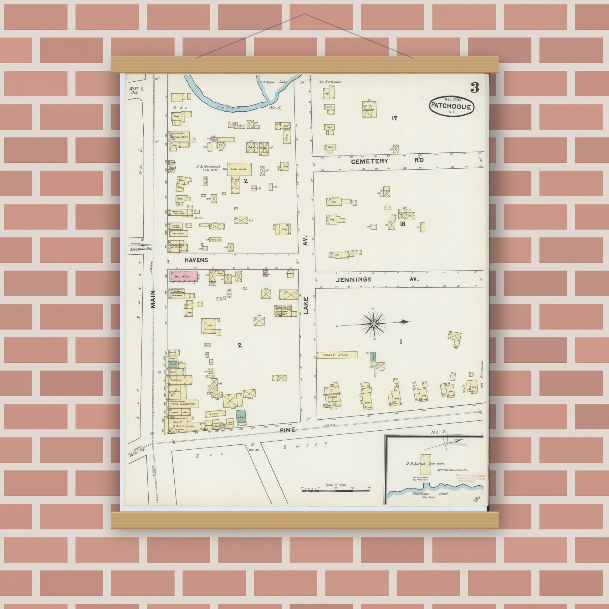 Old map wall art mockup — magnetic wood frame on brick wall — Sanborn Fire Insurance Map from Patchogue, Suffolk County, New York (1891), Sheet #0003
