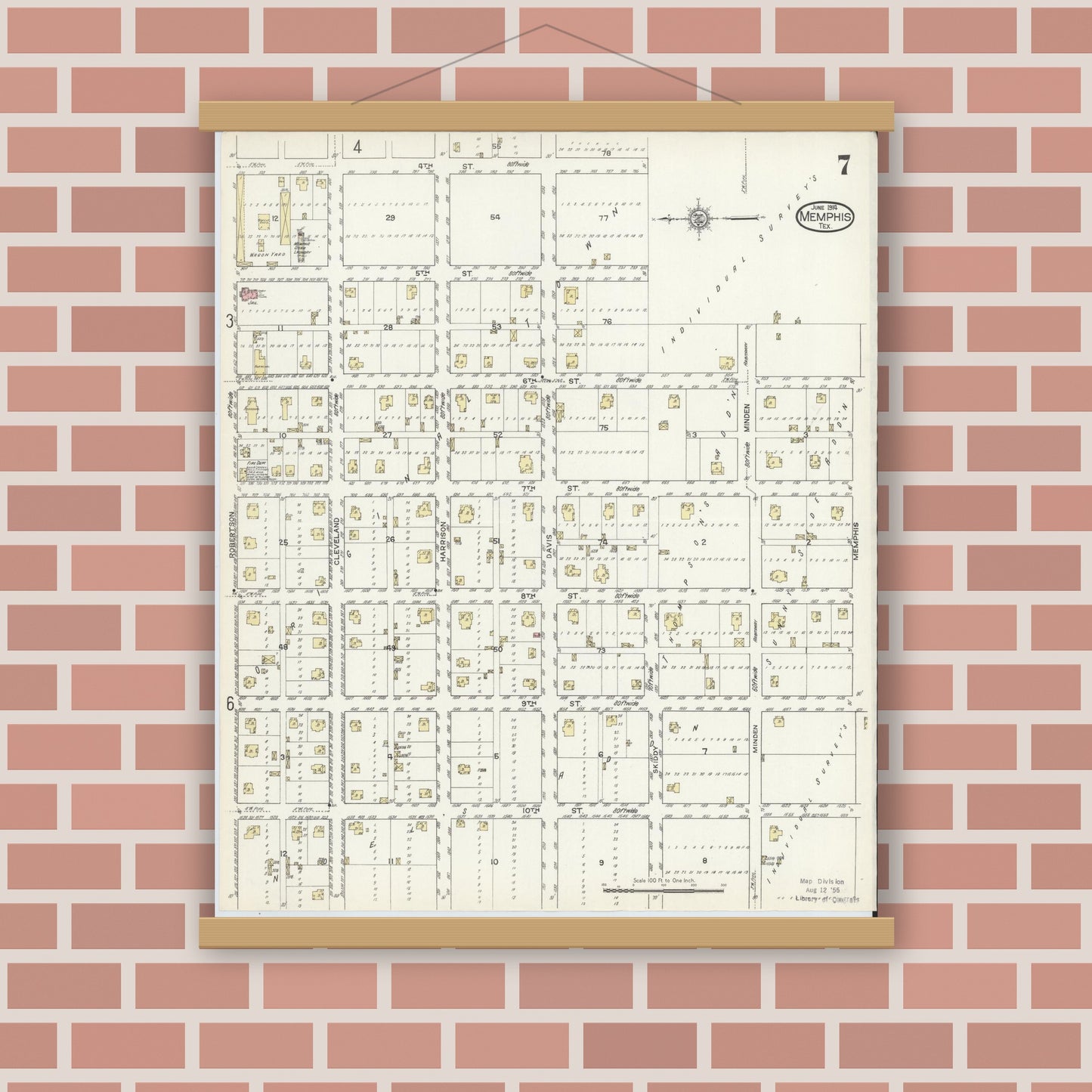 Old map wall art mockup — magnetic wood frame on brick wall — Sanborn Fire Insurance Map from Memphis, Hall County, Texas (1914), Sheet #0007