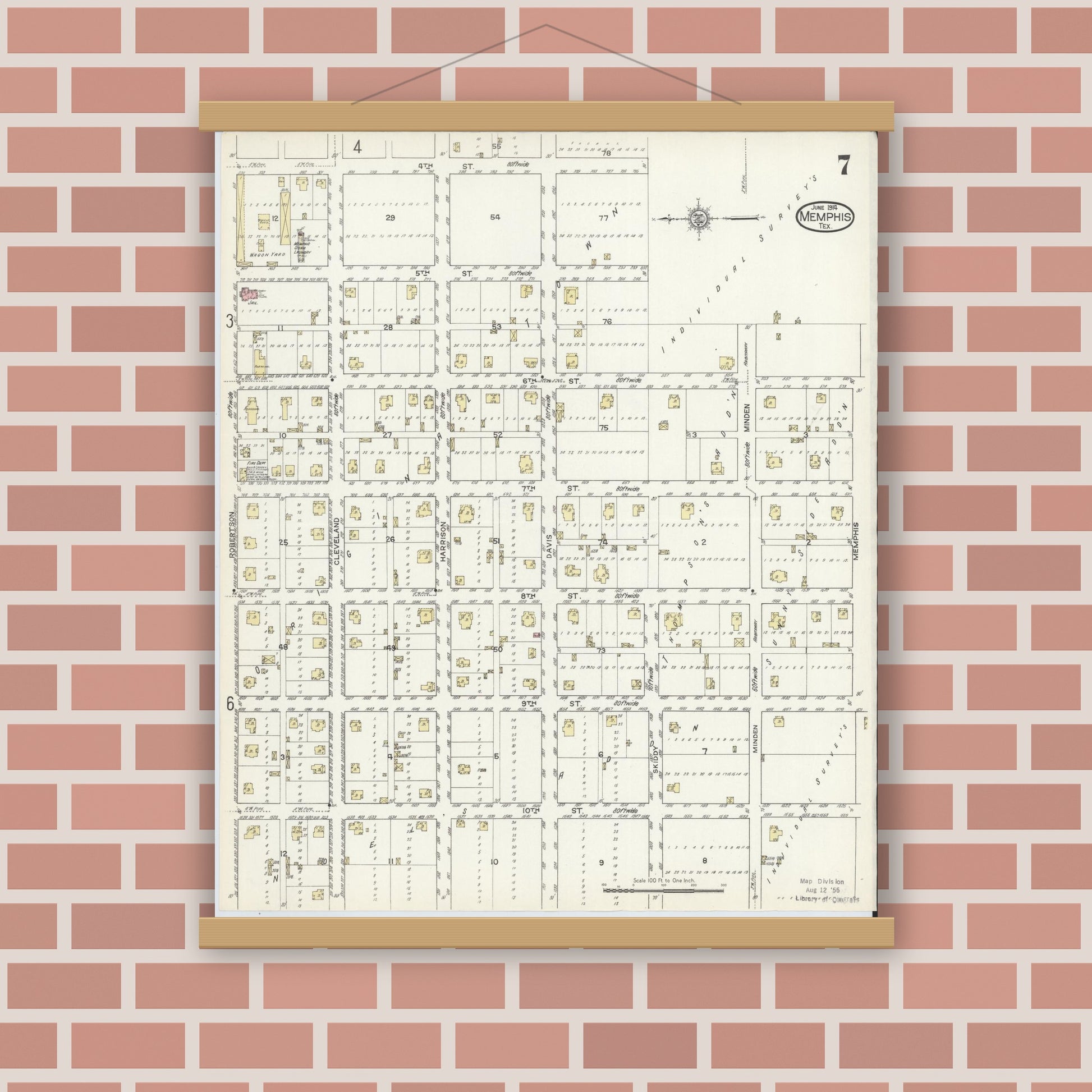 Old map wall art mockup — magnetic wood frame on brick wall — Sanborn Fire Insurance Map from Memphis, Hall County, Texas (1914), Sheet #0007