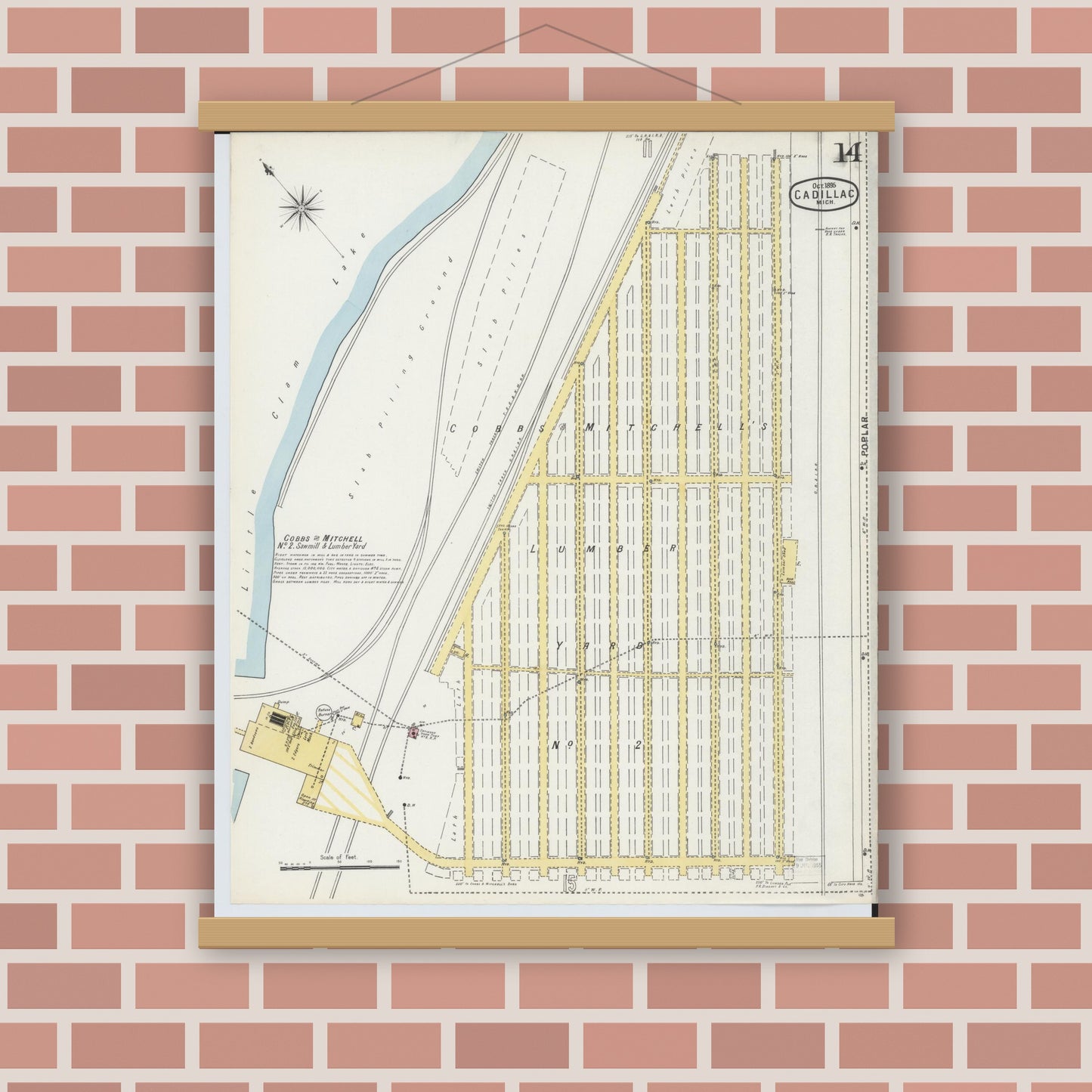 Old map wall art mockup — magnetic wood frame on brick wall — Sanborn Fire Insurance Map from Cadillac, Wexford County, Michigan (1895), Sheet #0014