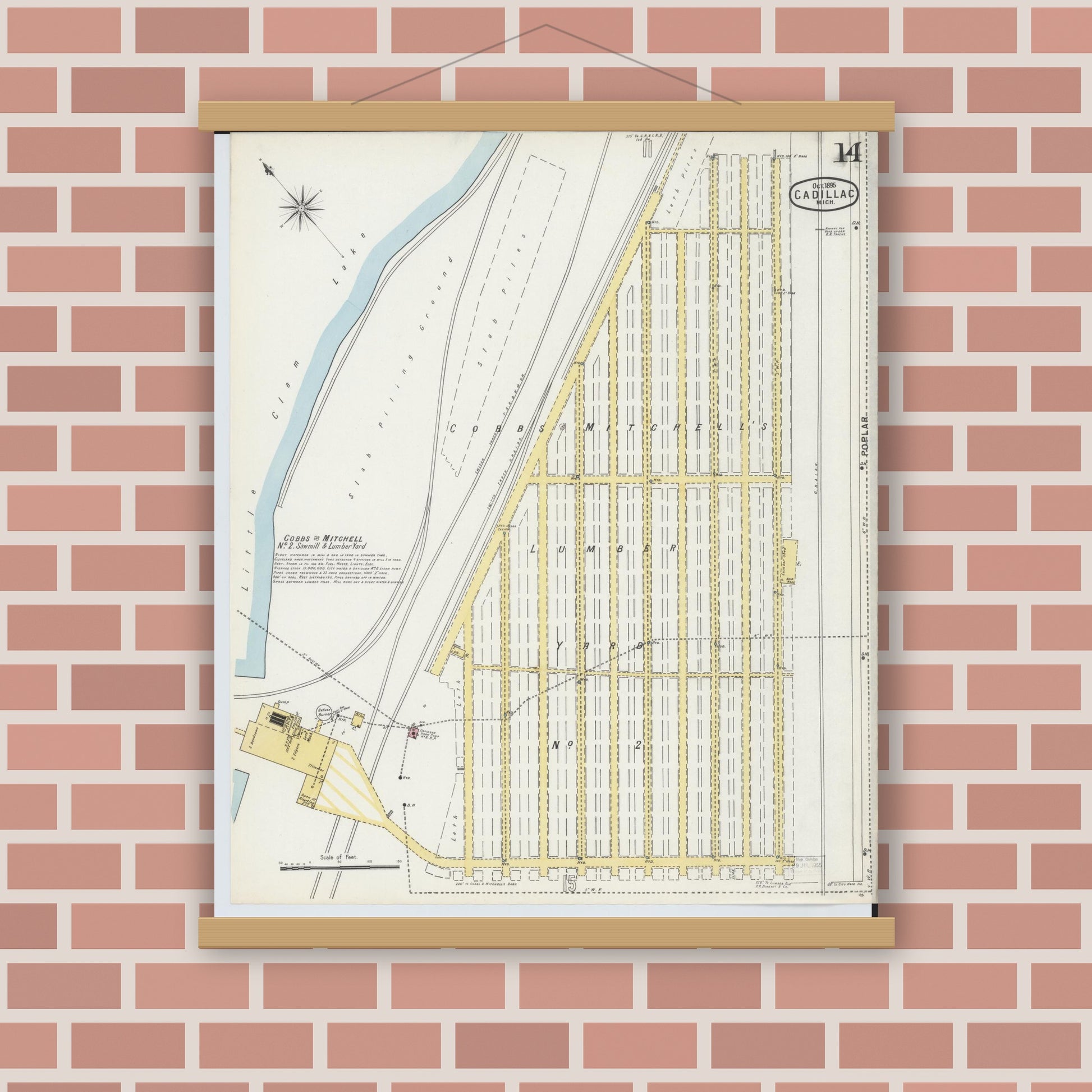 Old map wall art mockup — magnetic wood frame on brick wall — Sanborn Fire Insurance Map from Cadillac, Wexford County, Michigan (1895), Sheet #0014