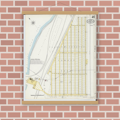 Old map wall art mockup — magnetic wood frame on brick wall — Sanborn Fire Insurance Map from Cadillac, Wexford County, Michigan (1895), Sheet #0014