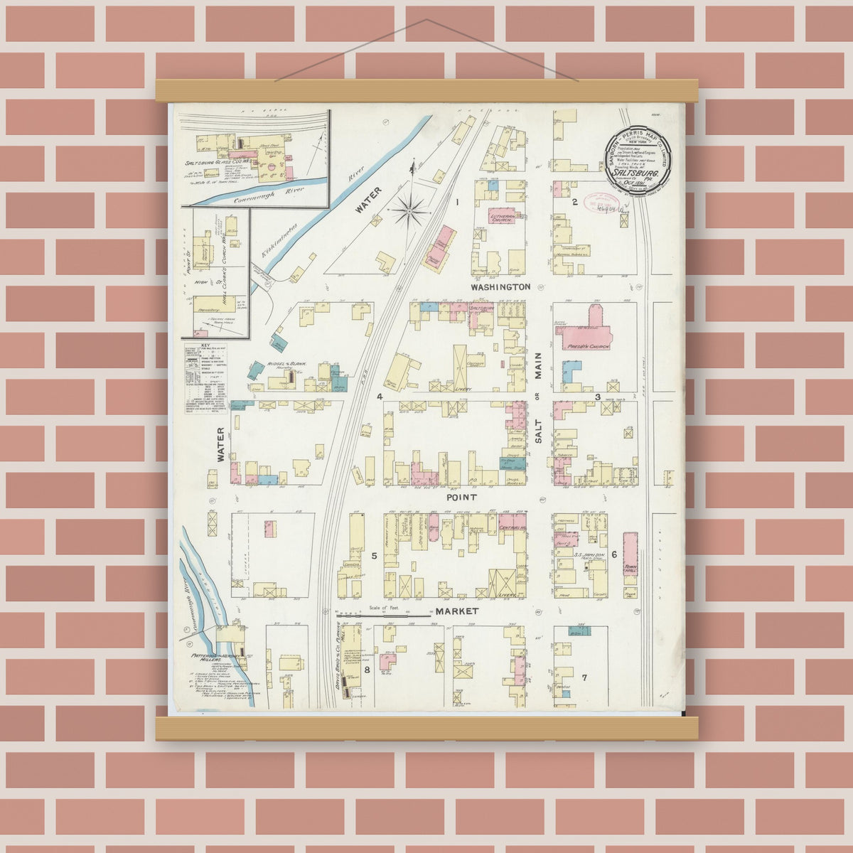 Old map wall art mockup — magnetic wood frame on brick wall — Sanborn Fire Insurance Map from Saltsburg, Indiana County, Pennsylvania (1891), Sheet #0001