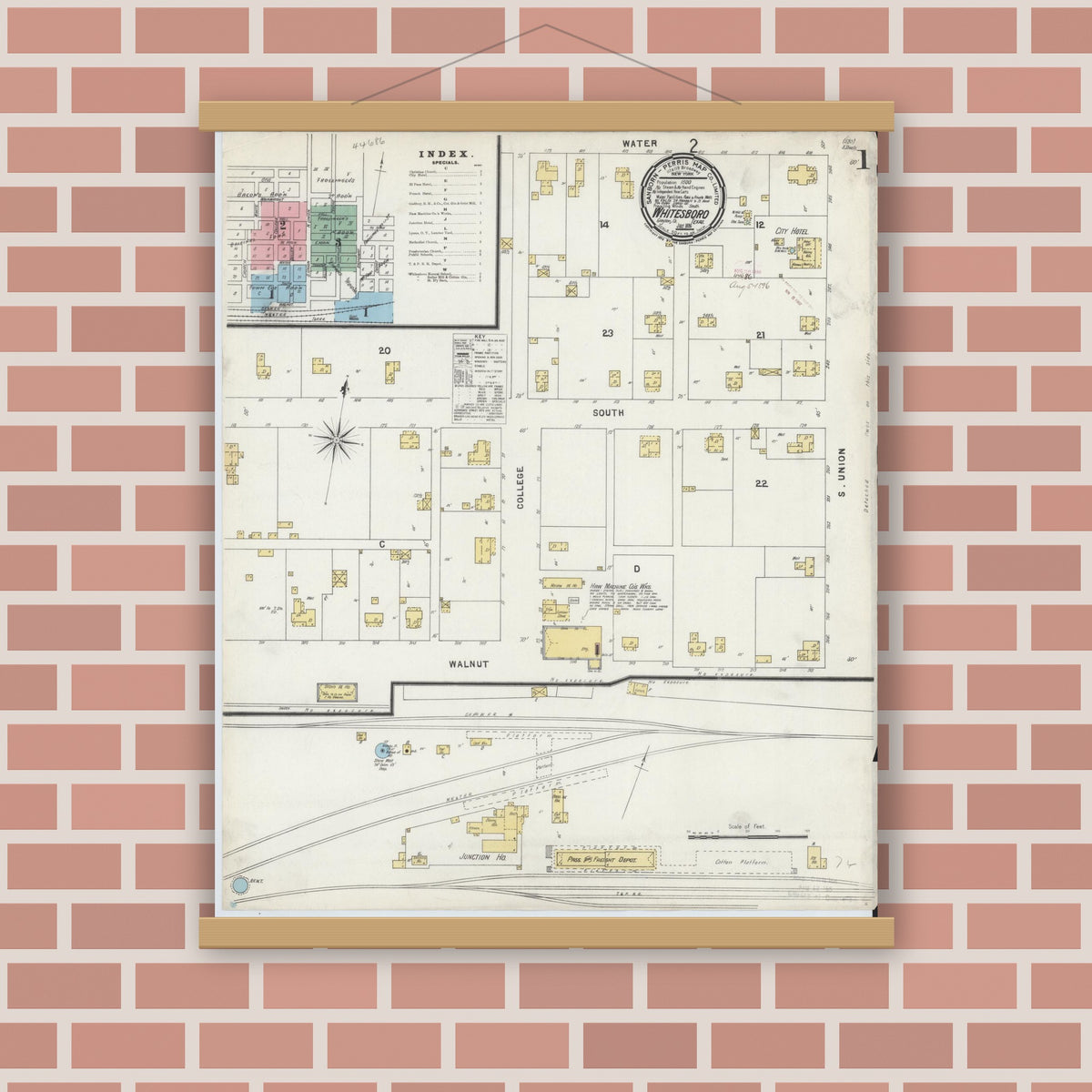 Old map wall art mockup — magnetic wood frame on brick wall — Sanborn Fire Insurance Map from Whitesboro, Grayson County, Texas (1896) - Complete Map Set