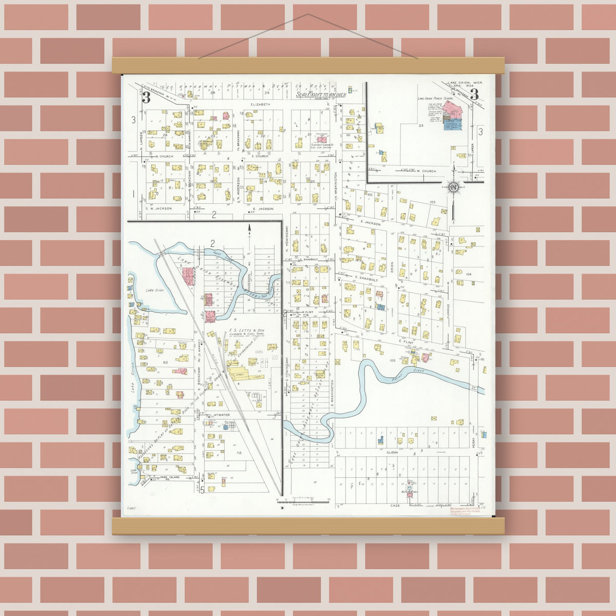 Old map wall art mockup — magnetic wood frame on brick wall — Sanborn Fire Insurance Map from Lake Orion, Oakland County, Michigan (1934), Sheet #0003