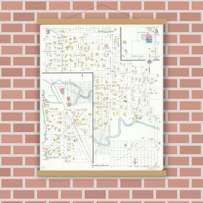 Old map wall art mockup — magnetic wood frame on brick wall — Sanborn Fire Insurance Map from Lake Orion, Oakland County, Michigan (1934), Sheet #0003