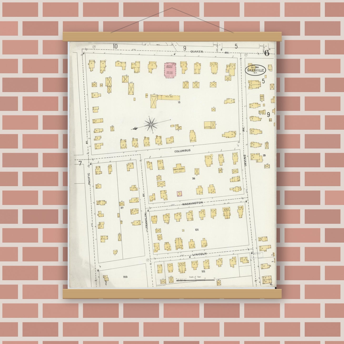 Old map wall art mockup — magnetic wood frame on brick wall — Sanborn Fire Insurance Map from Granville, Washington County, New York (1904), Sheet #0006