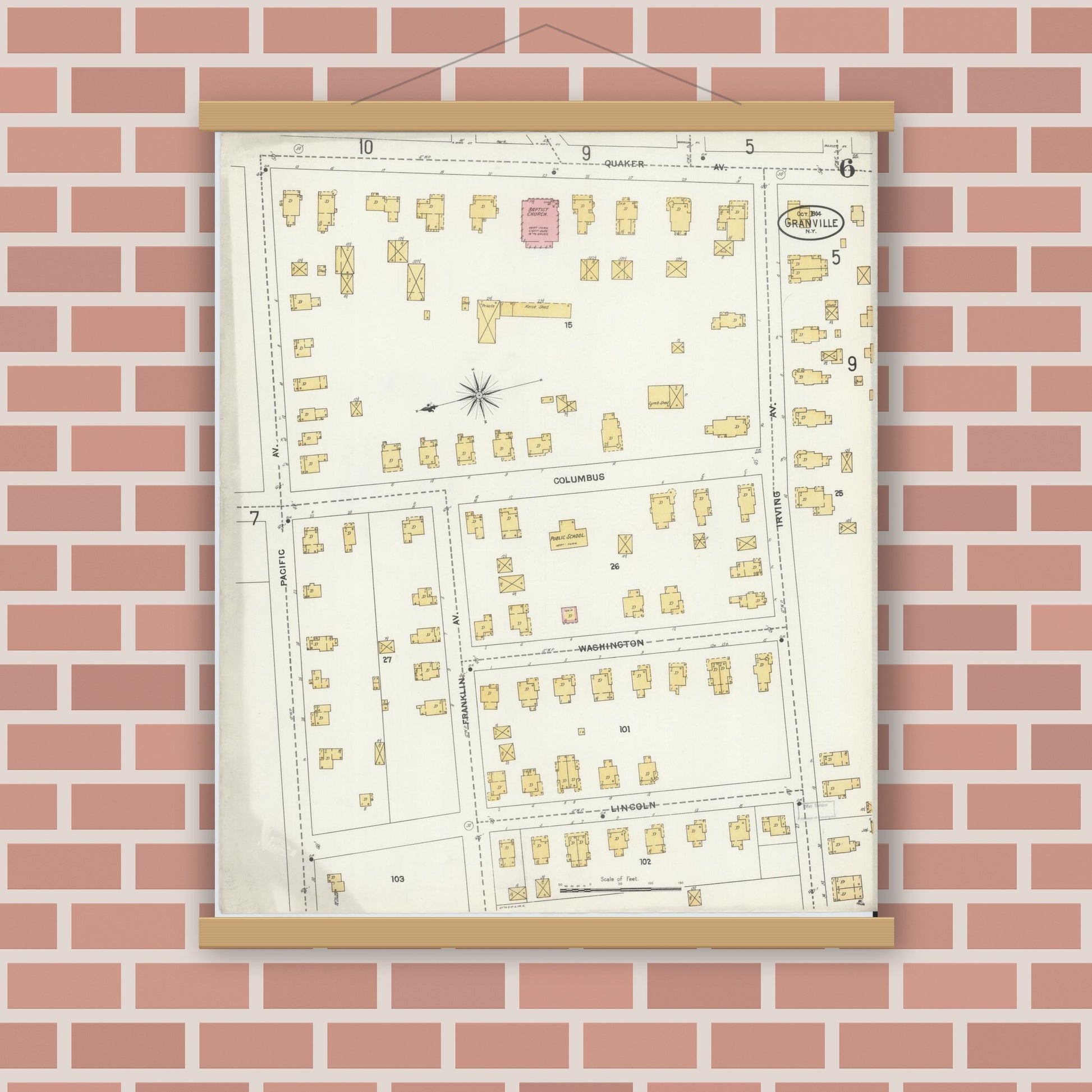 Old map wall art mockup — magnetic wood frame on brick wall — Sanborn Fire Insurance Map from Granville, Washington County, New York (1904), Sheet #0006