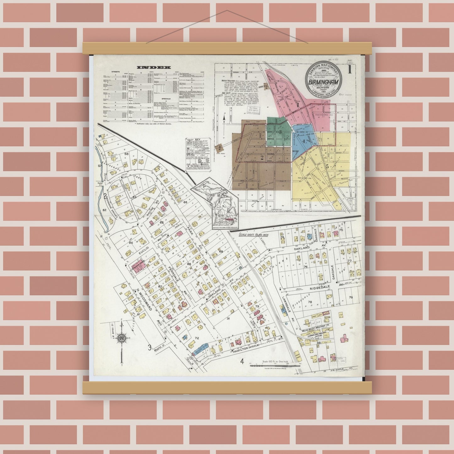Old map wall art mockup — magnetic wood frame on brick wall — Sanborn Fire Insurance Map from Birmingham, Oakland County, Michigan (1921) - Complete Map Set
