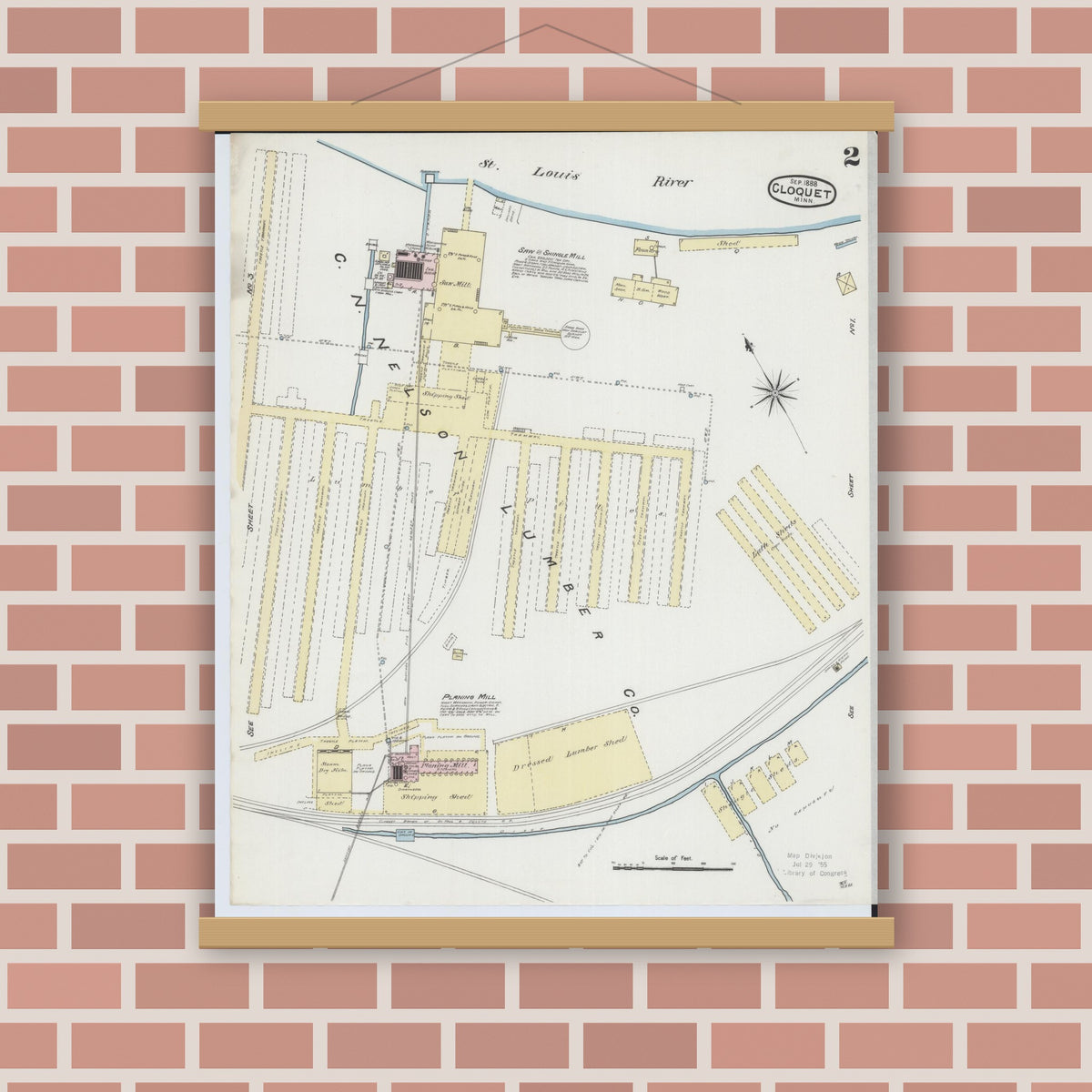 Old map wall art mockup — magnetic wood frame on brick wall — Sanborn Fire Insurance Map from Cloquet, Carlton County, Minnesota (1888), Sheet #0002