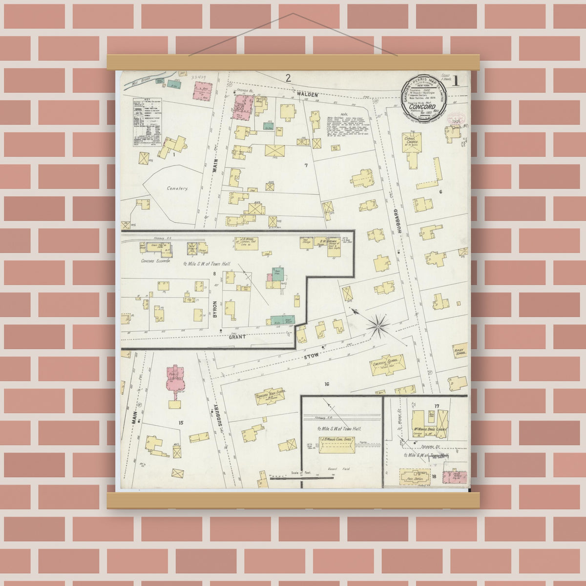 Old map wall art mockup — magnetic wood frame on brick wall — Sanborn Fire Insurance Map from Concord, Middlesex County, Massachusetts (1897), Sheet #0001