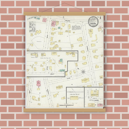 Old map wall art mockup — magnetic wood frame on brick wall — Sanborn Fire Insurance Map from Concord, Middlesex County, Massachusetts (1897), Sheet #0001